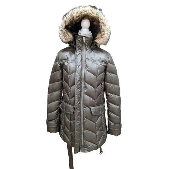 Land's End Knee Length Parka Quilted Puffer Faux Fur Hood Belted L 14-16 Olive - Picture 2 of 11